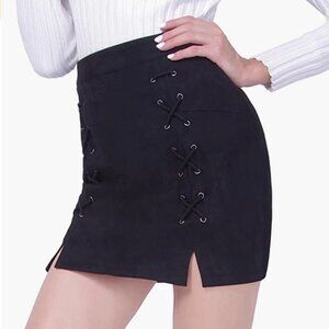Black‎ Faux Suede Corset Lace Up High Waist Pencil Bodycon Mini Skirt